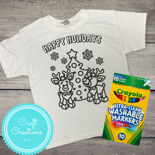 Youth Christmas WASHABLE Coloring T-Shirts & Markers Combo