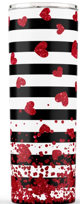 Black and White Stripe with Red Faux Glitter Hearts 20oz Sublimation Tumbler