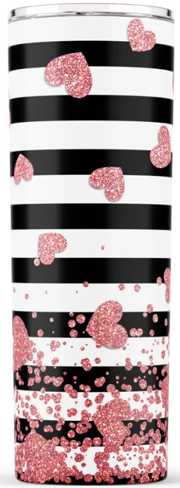 Black and White Stripe with Faux Glitter Pink Hearts 20oz Sublimation Tumbler