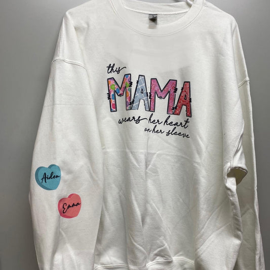 This Mama Wears Her Heart On Her Sleeve Custom Valentine Sublimation Crewneck