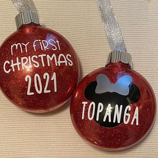 Personalized First Christmas Glitter Christmas Ornament - 3 inch Glitter Disc Ornament