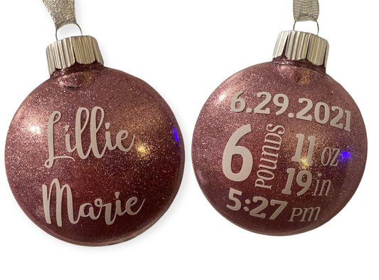 Personalized Baby Stats Christmas Glitter Christmas Ornament - 3 inch Glitter Disc Ornament